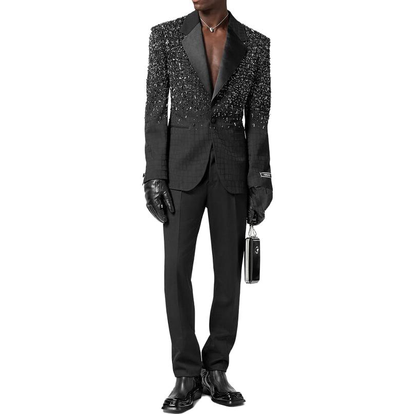 Lookbook VERSACE  Black Formal Satin-Band Slim Fit Straight-Leg Trousers. 1012582-1A08920-1B000