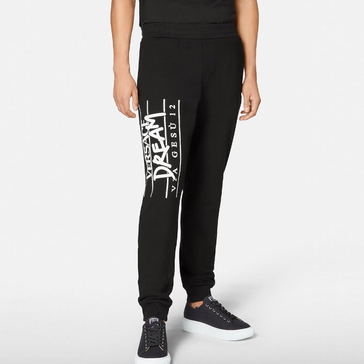 Purchase VERSACE  Black Knit Joggers with Solid Color and Letter Print Design. 1005204-1A03493-1B000