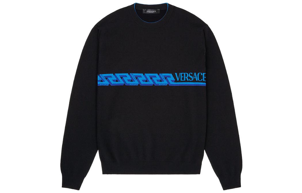 VERSACE  Black Knit Wool Sweater with Logo Lettering Print. 1003703-1A02549-1B000