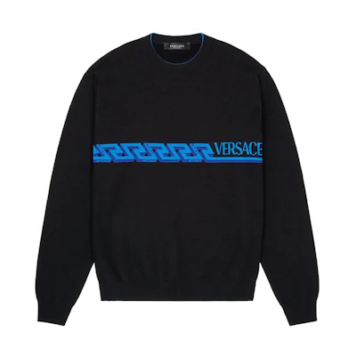 VERSACE Black Knit Wool Sweater with Logo Lettering Print. 1003703-1A02549-1B000
