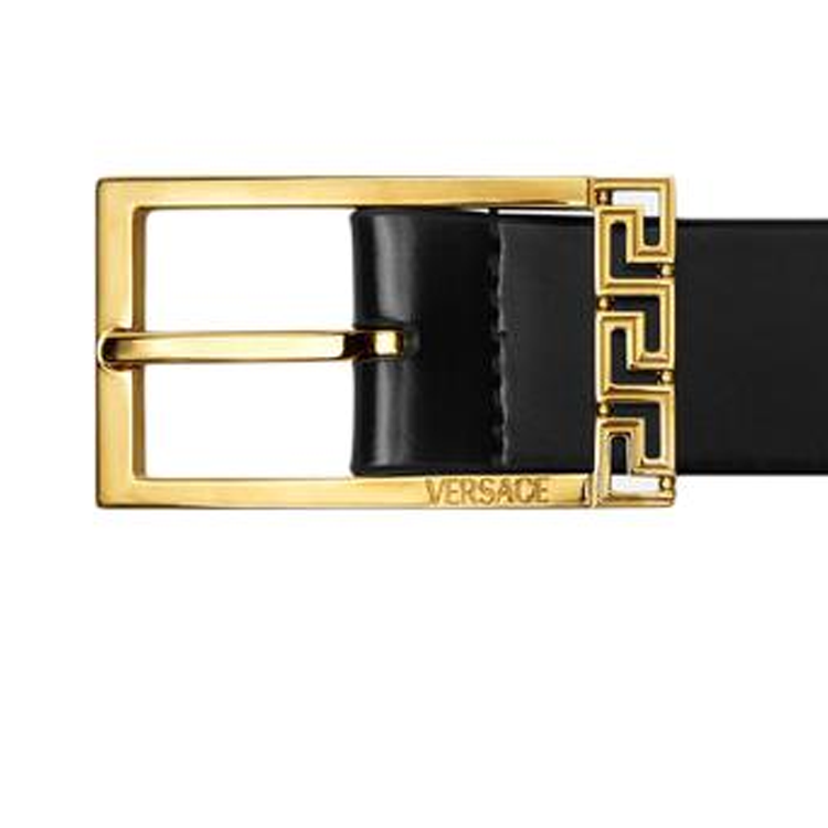 Shop VERSACE Cinturón de Piel Negra con Hebilla Metálica Grabada con Logo - 3CM. 1015105-1A08779_1B00V