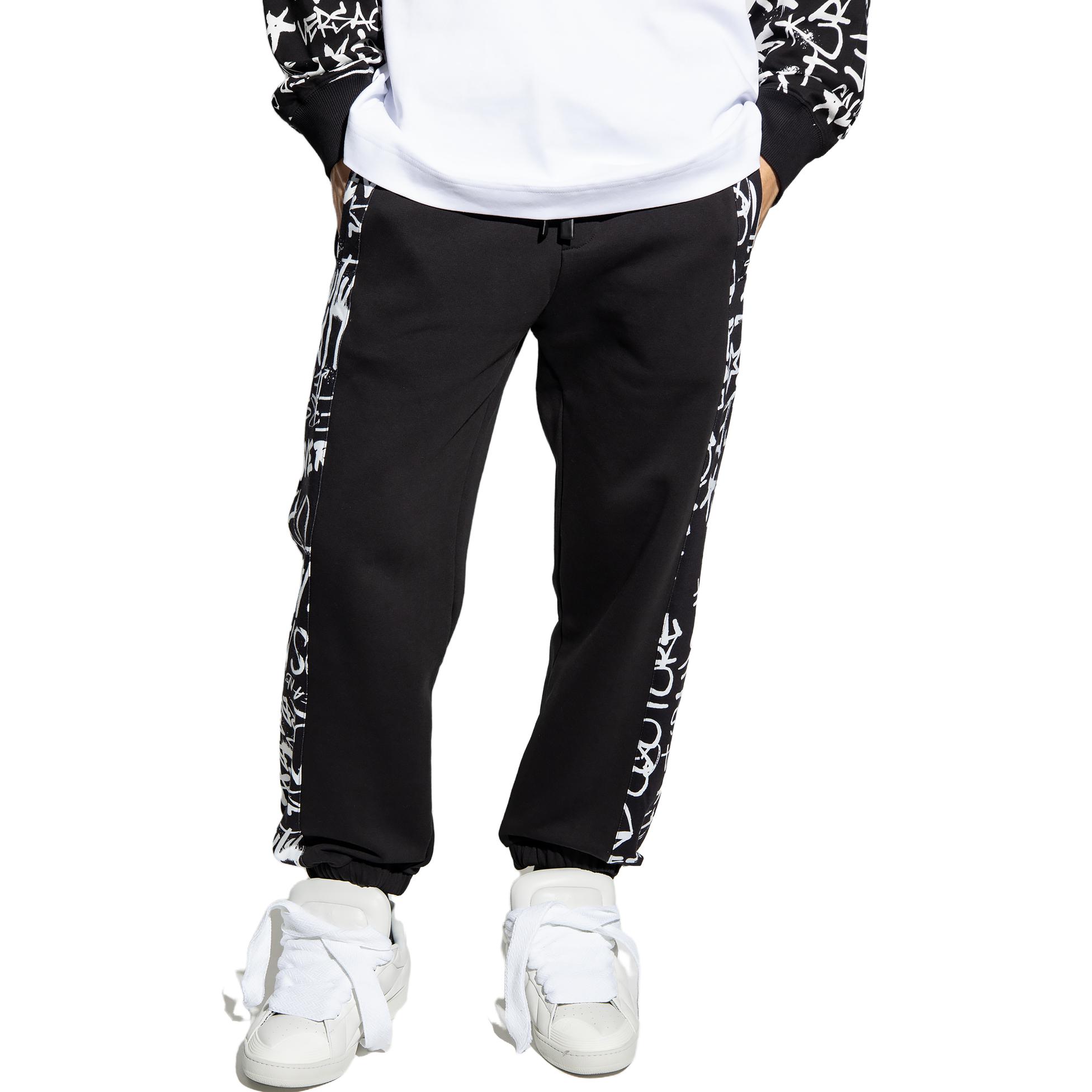 Shop Versace  Black Letter Print Relaxed Jogger Pants with Drawstring. 75GAA316-FS093-899