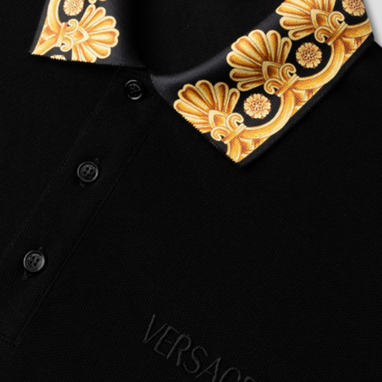 Shop VERSACE  Black Logo Embroidered Polo Shirt Short Sleeve 1012260-1A10242-2B130