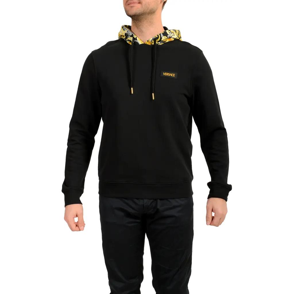 Shop VERSACE  Black Logo Patch Casual Hooded Sweatshirt 1015093-1A10596-5B000