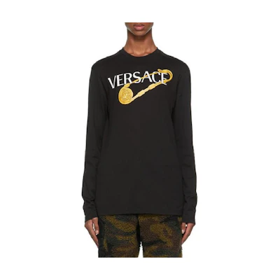 Versace Black Long Sleeve Crewneck T-Shirt with Logo Print 1001748-1A00932-1B000