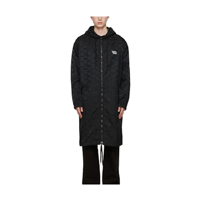 VERSACE Black Mid-Length Logo Print Hooded Long Sleeve Windbreaker. 1004347-1A02924-1B000