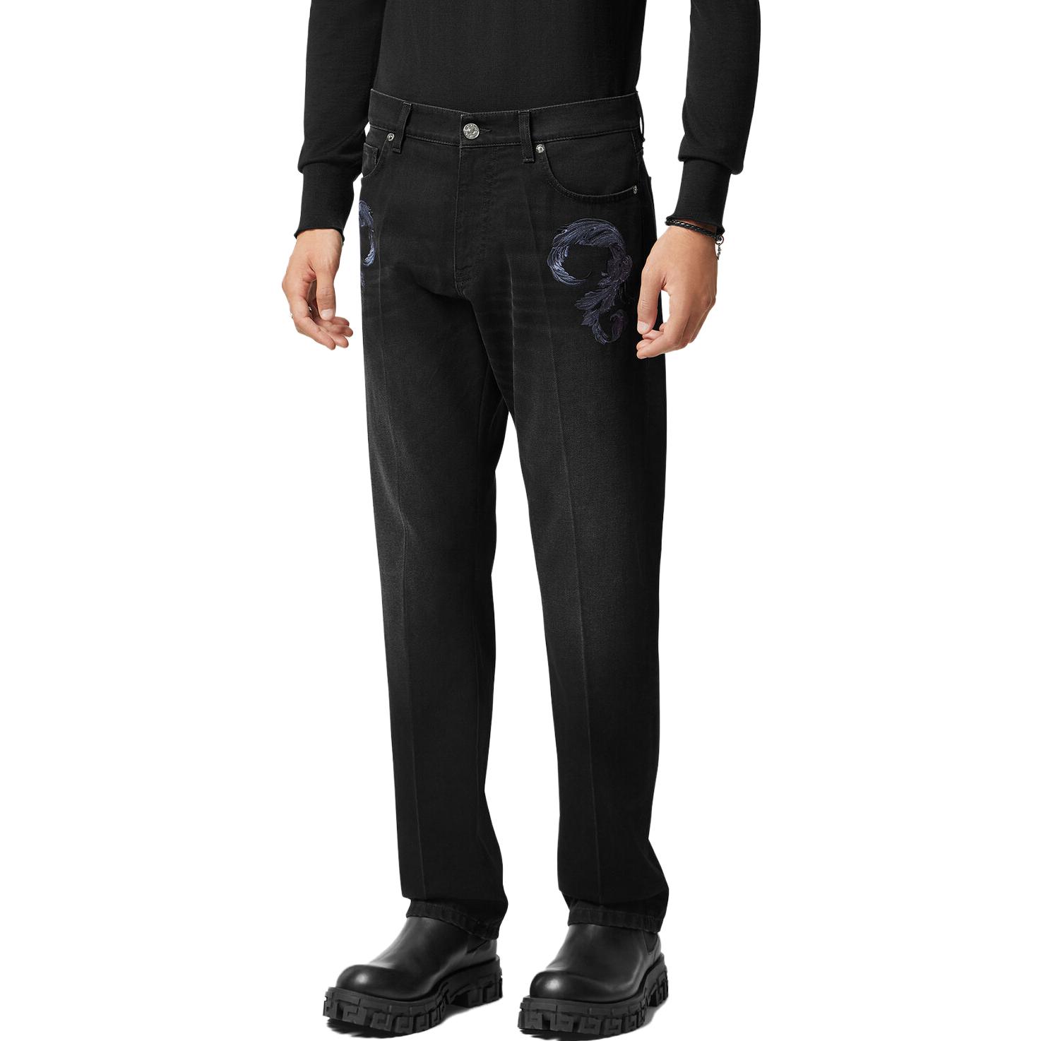 Shop 베르사체 블랙 미드라이즈 자수 패턴 캐주얼 진 1013905-1A09784-1D510