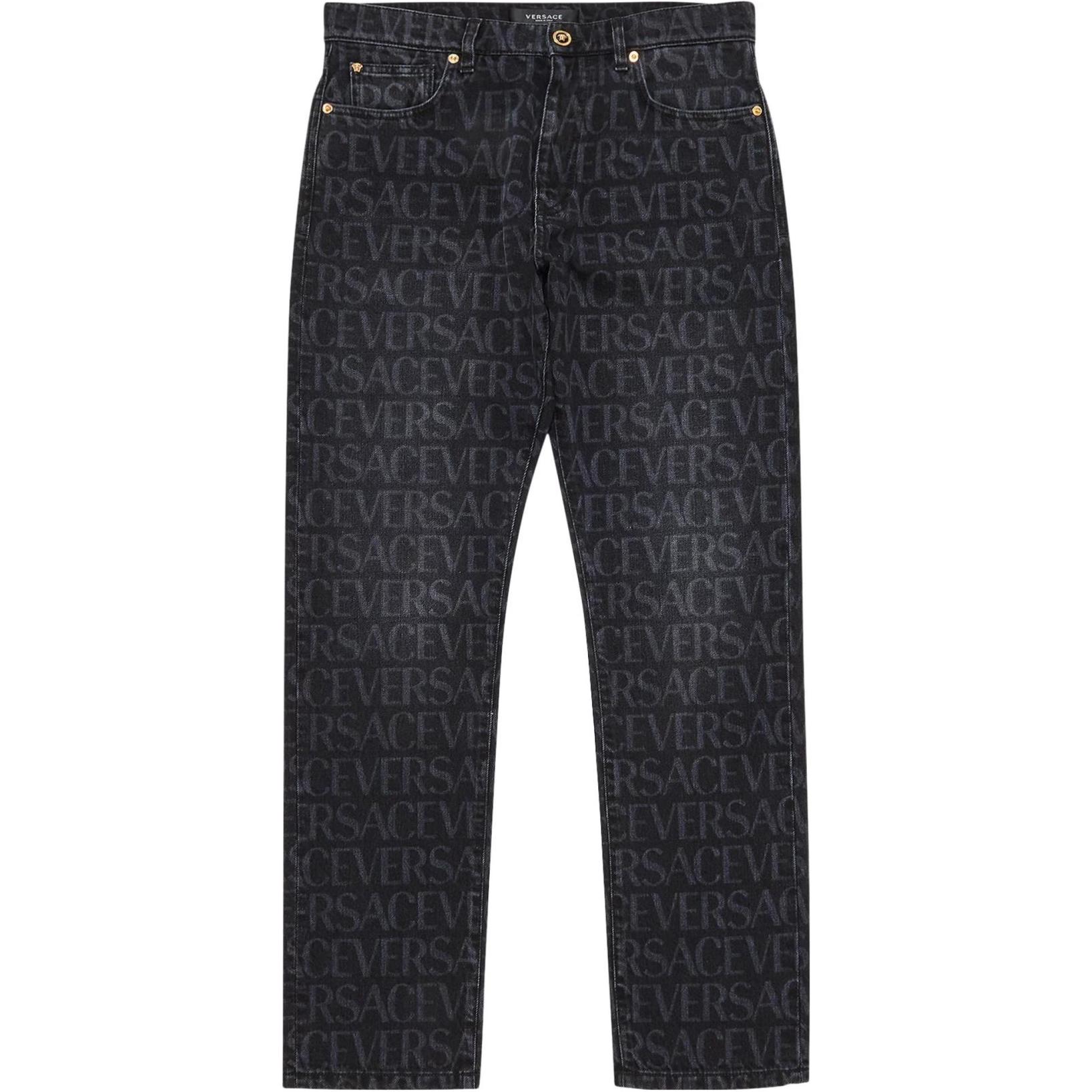 VERSACE  Black Mid-Rise Straight-Leg Jeans with All-Over Logo. 1007837-1A06800-1D530