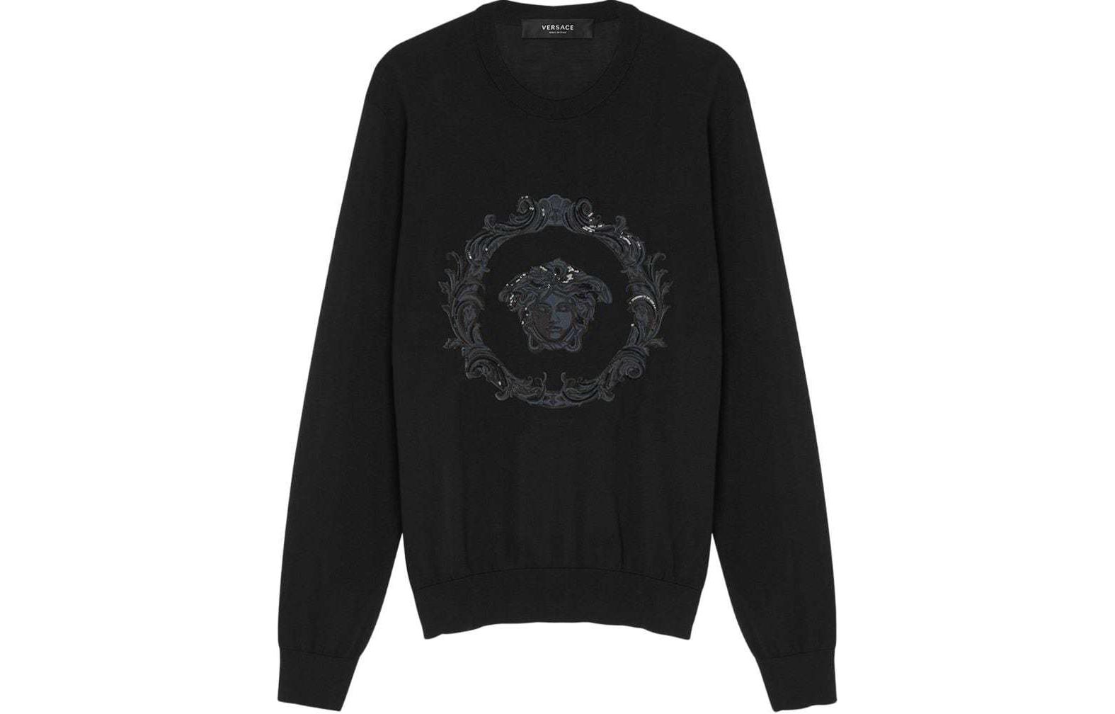 VERSACE  Black Pullover Sweatshirt with Solid Logo Embroidery. 1015031-1A10570-1B000