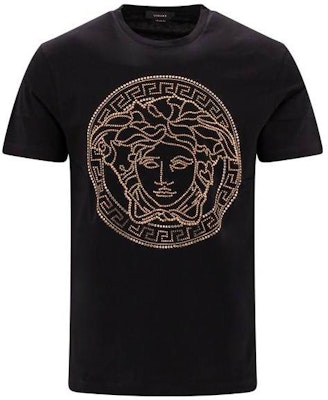 VERSACE Kaos Hitam Rhinestone Crewneck Lengan Pendek Gaya Kasual FW21 A779871A084911B000 Order VERSACE Kaos Hitam Rhinestone Crewneck Lengan Pendek Gaya Kasual FW21 A779871A084911B000