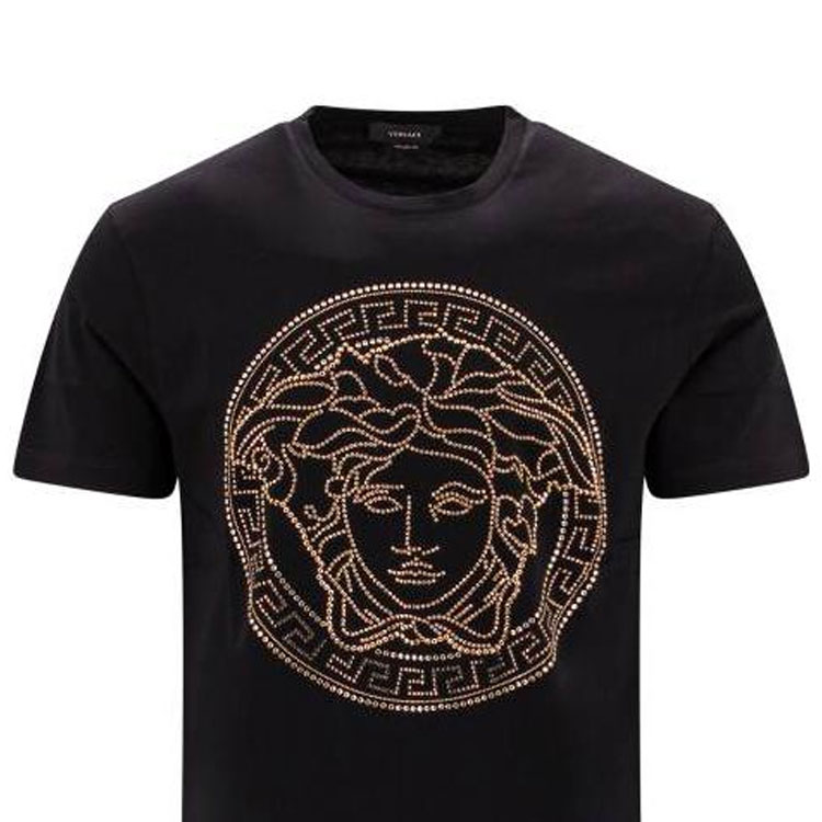 Shop VERSACE Kaos Hitam Rhinestone Crewneck Lengan Pendek Gaya Kasual FW21 A779871A084911B000