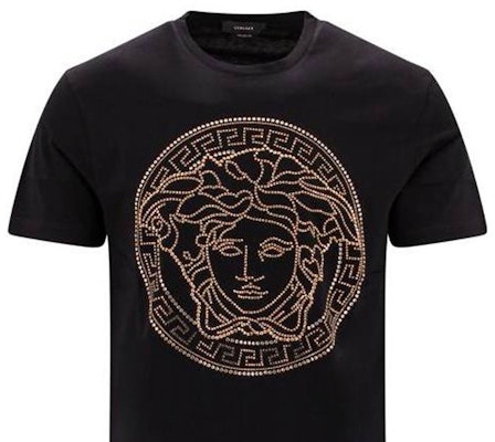 VERSACE Kaos Hitam Rhinestone Crewneck Lengan Pendek Gaya Kasual FW21 A779871A084911B000 Shop VERSACE Kaos Hitam Rhinestone Crewneck Lengan Pendek Gaya Kasual FW21 A779871A084911B000