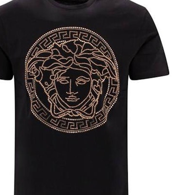 VERSACE Kaos Hitam Rhinestone Crewneck Lengan Pendek Gaya Kasual FW21 A779871A084911B000 Sizing VERSACE Kaos Hitam Rhinestone Crewneck Lengan Pendek Gaya Kasual FW21 A779871A084911B000