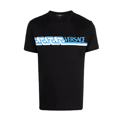 VERSACE Black Short Sleeve T-Shirt with Letter Print Design. 10039111-A02781-1B000