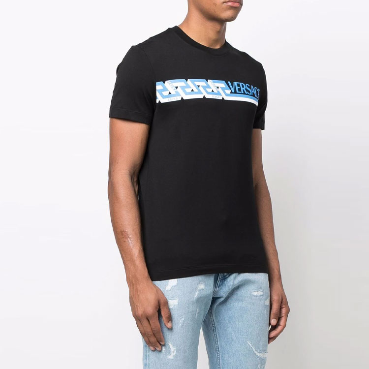Shop VERSACE  Black Short Sleeve T-Shirt with Letter Print Design. 10039111-A02781-1B000