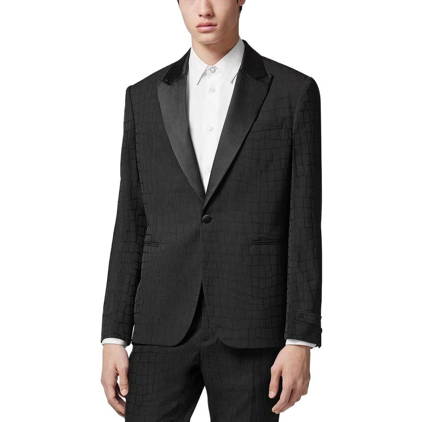 Shop VERSACE  Black Solid Color Long Sleeve Suit with Notched Lapel. 1012376-1A08917-1B000