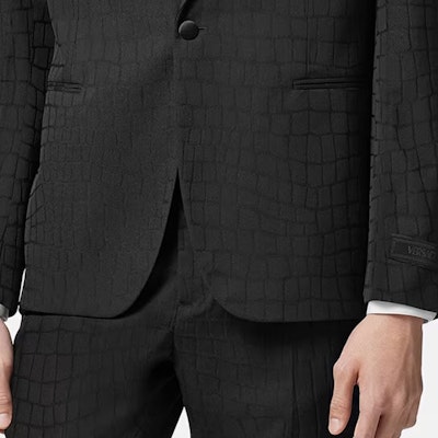 VERSACE Black Solid Color Long Sleeve Suit with Notched Lapel. 1012376-1A08917-1B000 Sizing VERSACE Black Solid Color Long Sleeve Suit with Notched Lapel. 1012376-1A08917-1B000