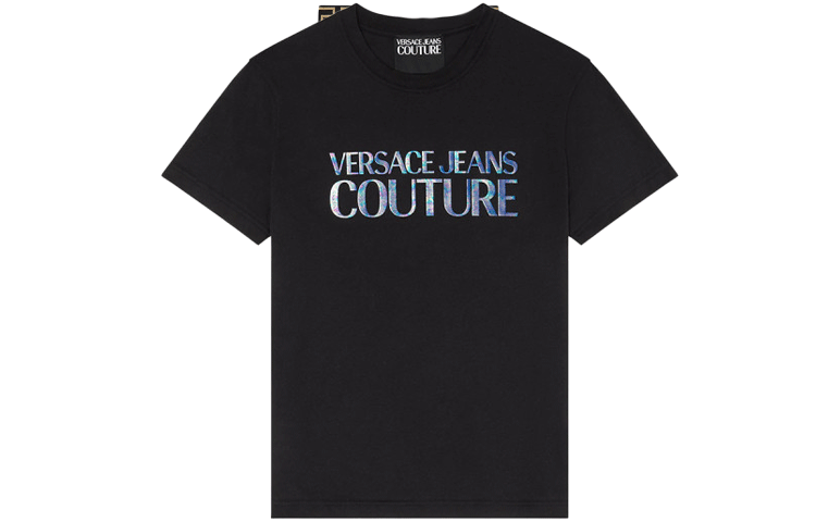 VERSACE  Black Solid Letter Crew Neck Short Sleeve T-Shirt E72GAHP02-ECJ01P-EOT5