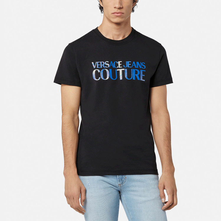 VERSACE  Black Solid Letter Crew Neck Short Sleeve T-Shirt E72GAHP02-ECJ01P-EOT5 圖 3