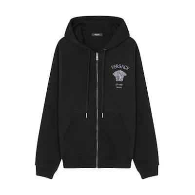 VERSACE Black SS24 Embroidered Logo Hoodie with Zipper and Long Sleeves. 1013970-1A11494