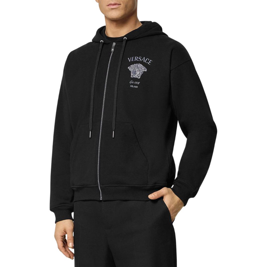 VERSACE  Black SS24 Embroidered Logo Hoodie with Zipper and Long Sleeves. 1013970-1A11494 圖 3