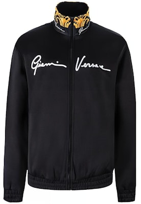 VERSACE Black Straight-Cut Long Sleeve Jacket with Logo Print. 1002770-1A02035-1B000 Buy VERSACE Black Straight-Cut Long Sleeve Jacket with Logo Print. 1002770-1A02035-1B000