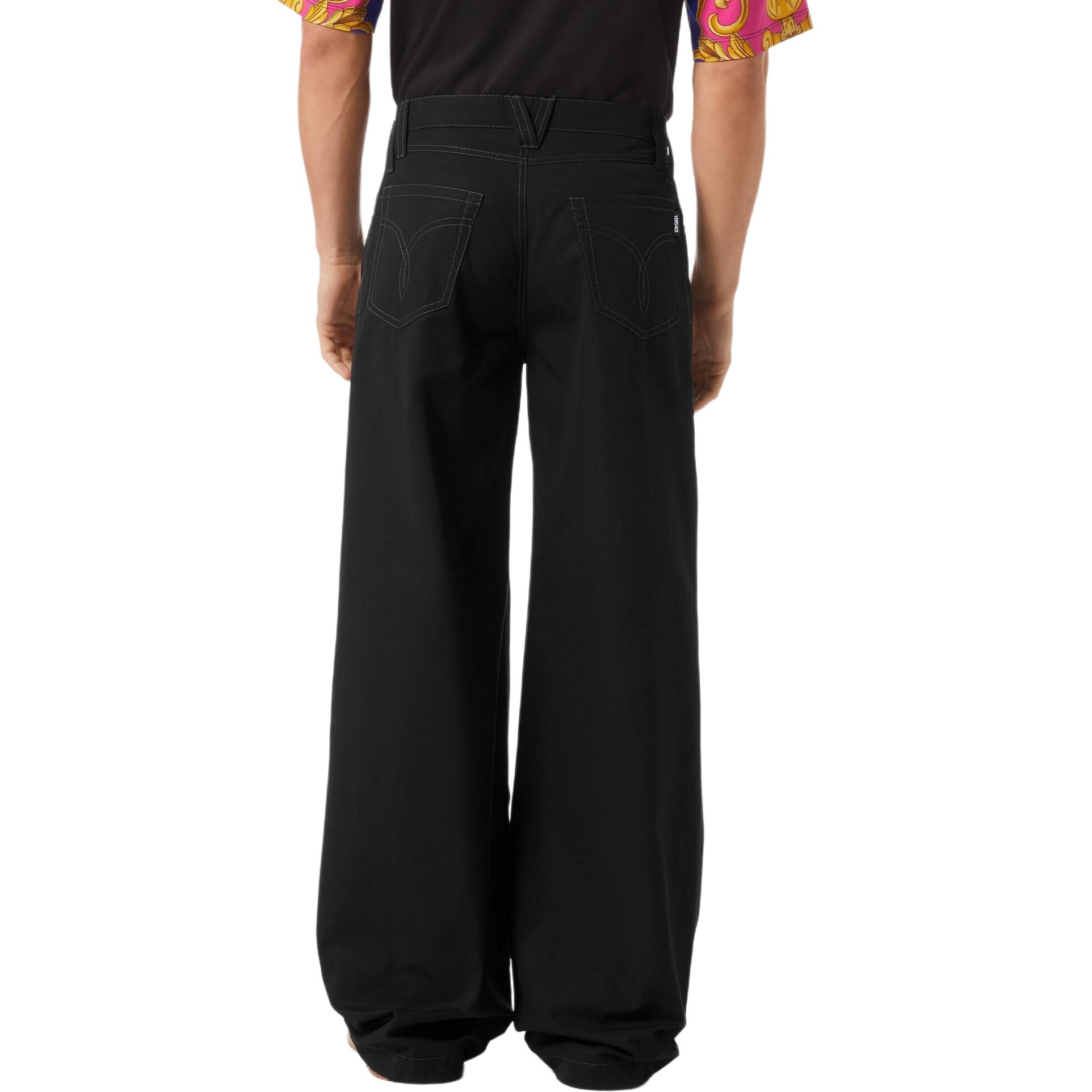 Shop VERSACE  Black Straight-Leg Jeans with Stitch Detail and Button Design. 1006505-1A01816-1B000