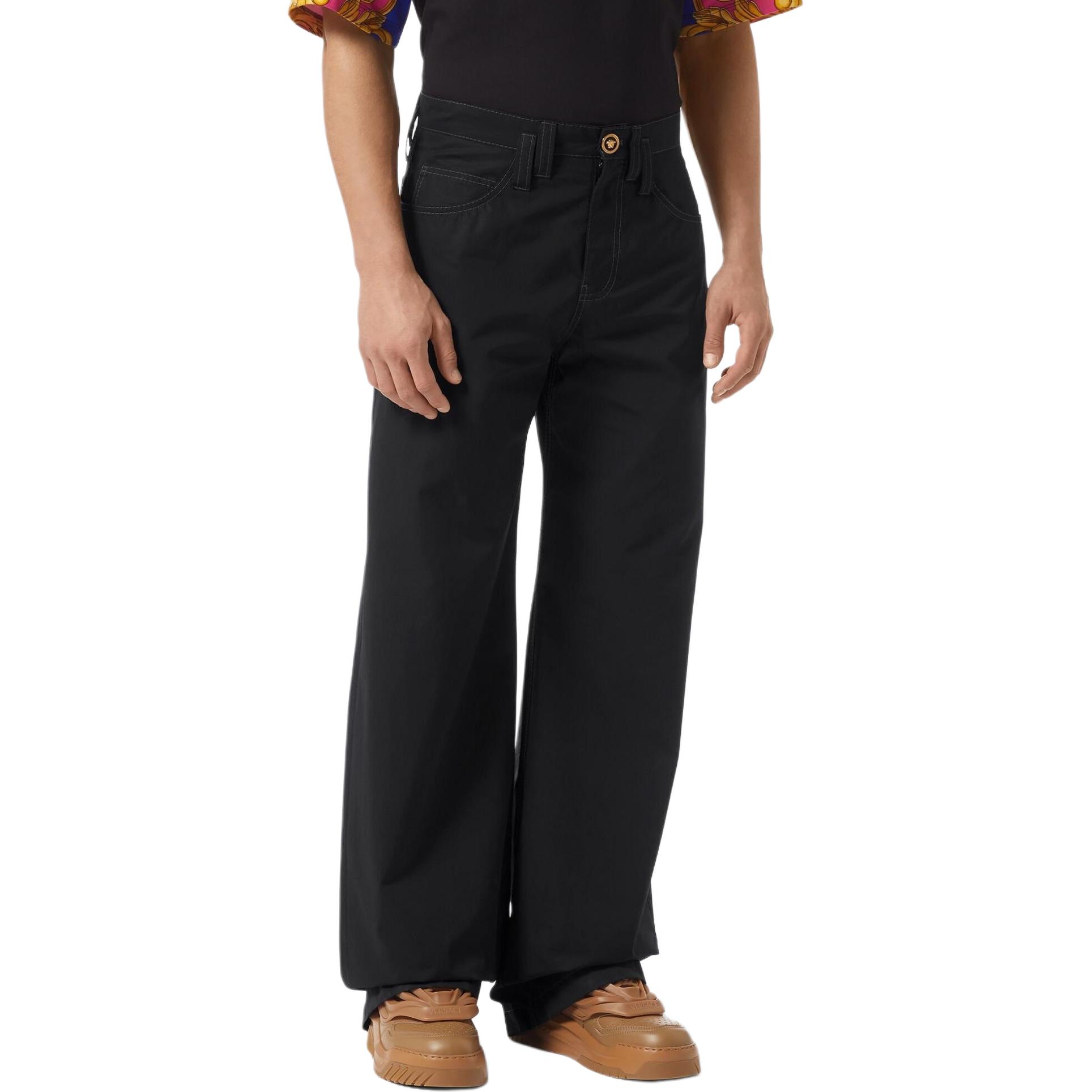 Purchase VERSACE  Black Straight-Leg Jeans with Stitch Detail and Button Design. 1006505-1A01816-1B000