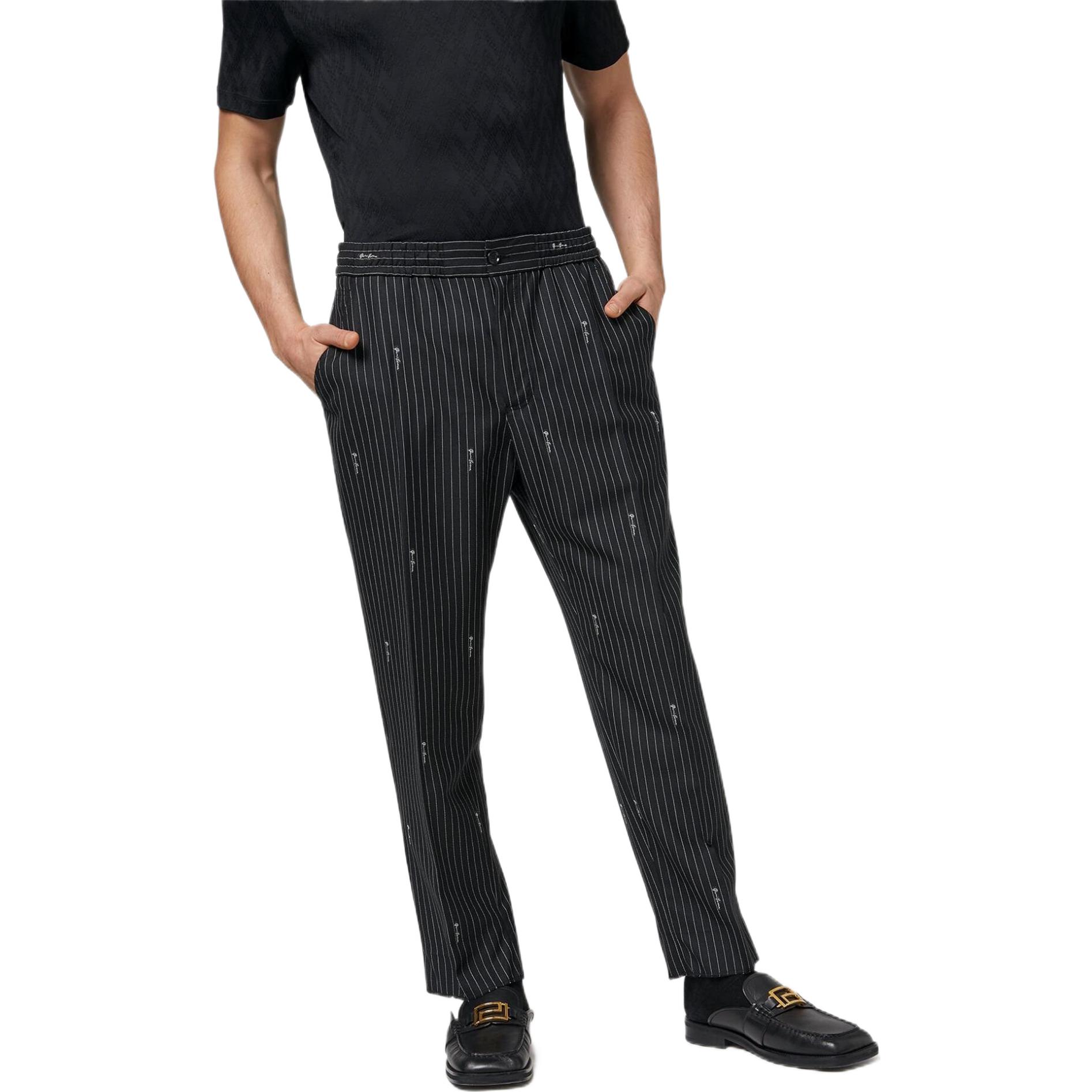 Shop VERSACE  Black Wool Striped Straight-Leg Trousers A86689-A235254-A5232