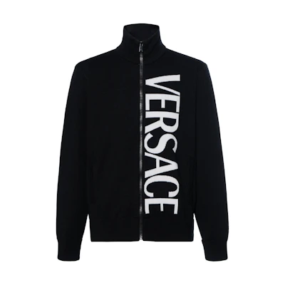 VERSACE Black Zip-Up Letter Print Jacket with Stand Collar. 1002720-1A01993-1B000