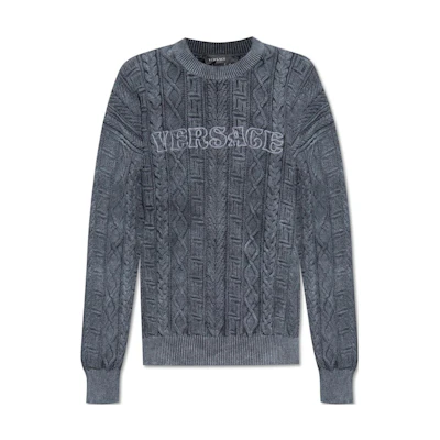 VERSACE Blue Crewneck Pullover Sweater with Letter Print Design. 1009932-1A07271-1B000