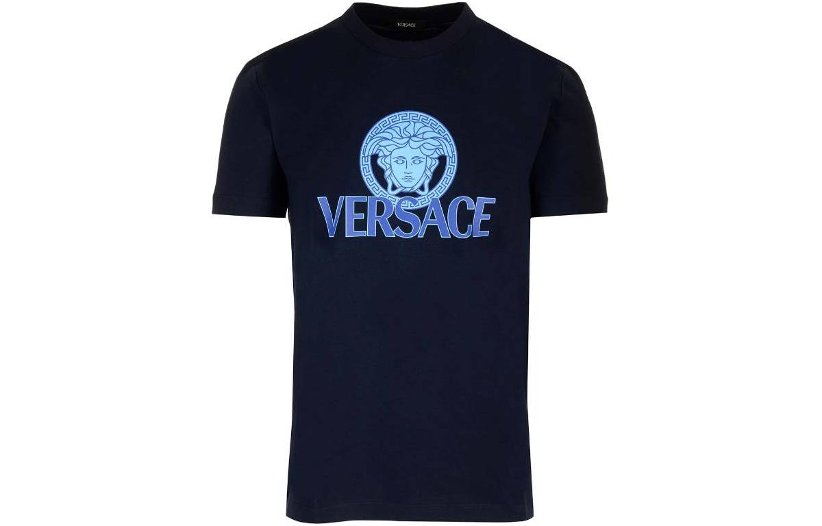 VERSACE  Blue Logo Print Relaxed Fit Crew Neck Short Sleeve T-Shirt 1014226-1A10088-1UI20