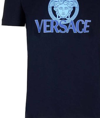 ヴェルサーチ ブルーロゴプリント リラックスフィット クルーネック 半袖Tシャツ 1014226-1A10088-1UI20 Sizing ヴェルサーチ ブルーロゴプリント リラックスフィット クルーネック 半袖Tシャツ 1014226-1A10088-1UI20