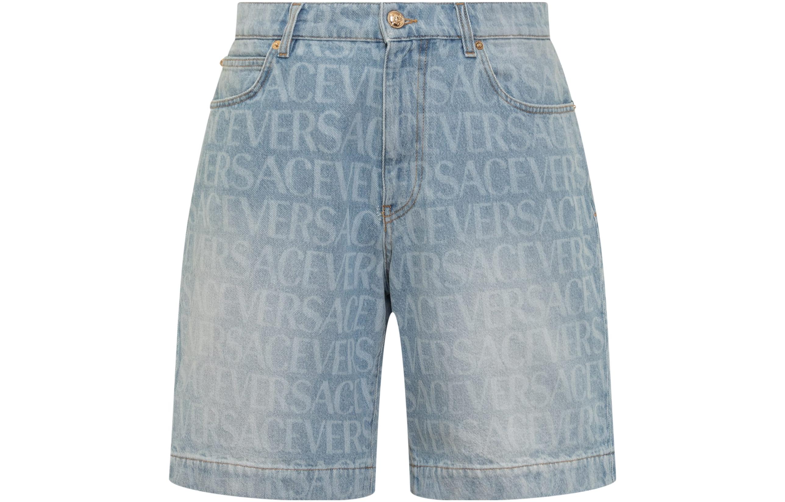 VERSACE  Blue Mid-Rise Letter Print Straight Shorts. 10102051A076611D380
