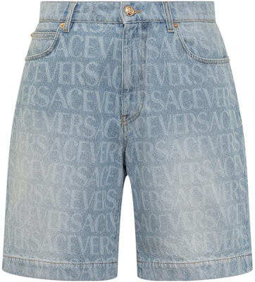 VERSACE Blue Mid-Rise Letter Print Straight Shorts. 10102051A076611D380 Buy VERSACE Blue Mid-Rise Letter Print Straight Shorts. 10102051A076611D380