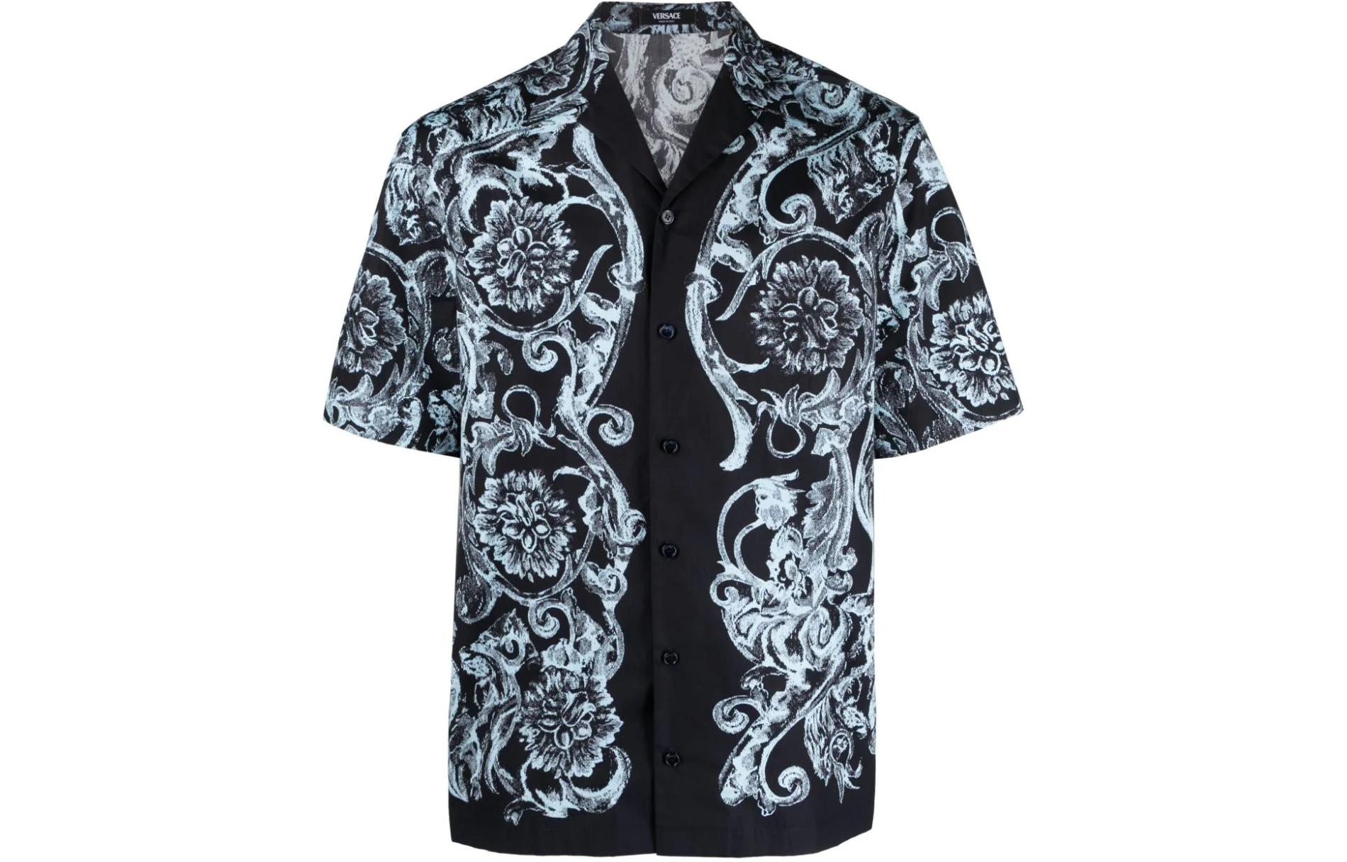 VERSACE  Blue Pattern Printed Short-Sleeve Button-Up Shirt 1003926-1A09761-5U970