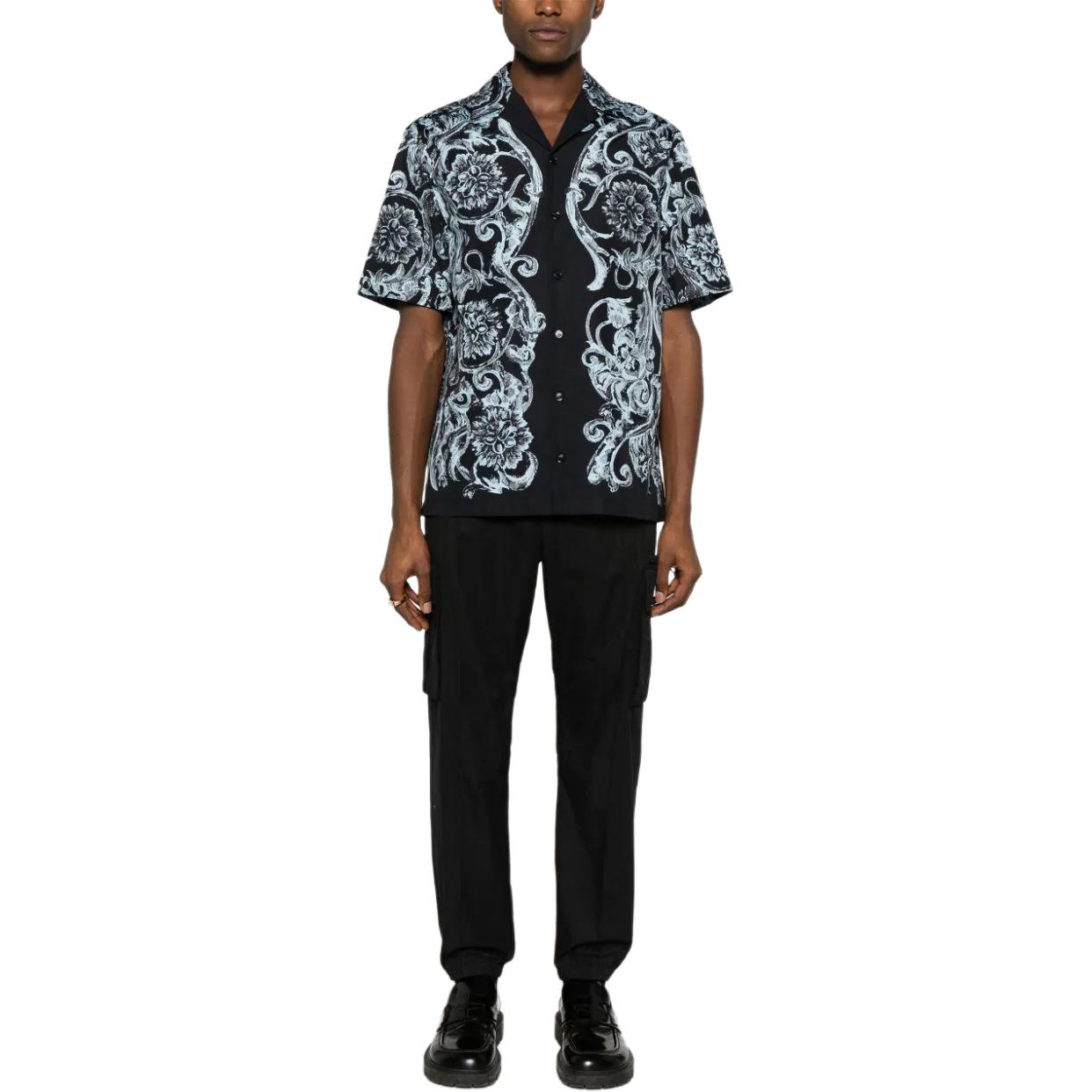 Shop VERSACE 藍色印花短袖鈕扣襯衫 1003926-1A09761-5U970