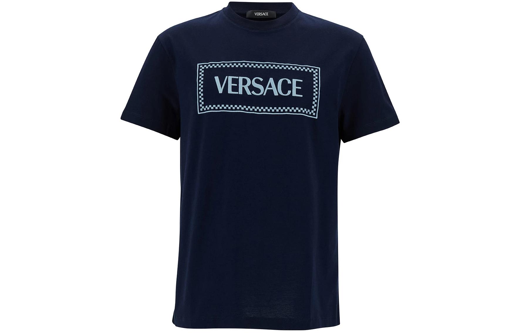 VERSACE  Blue Slim Fit Crew Neck Logo Print Embroidered Short Sleeve T-Shirt 1011694-1A08584-1U120 圖 2