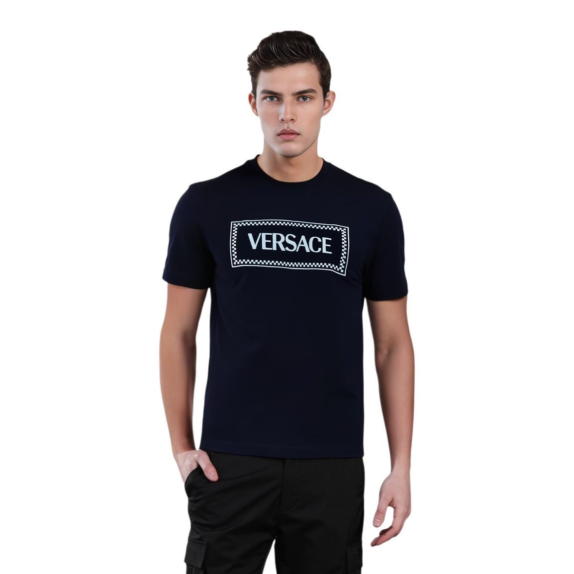 VERSACE  Blue Slim Fit Crew Neck Logo Print Embroidered Short Sleeve T-Shirt 1011694-1A08584-1U120 圖 4