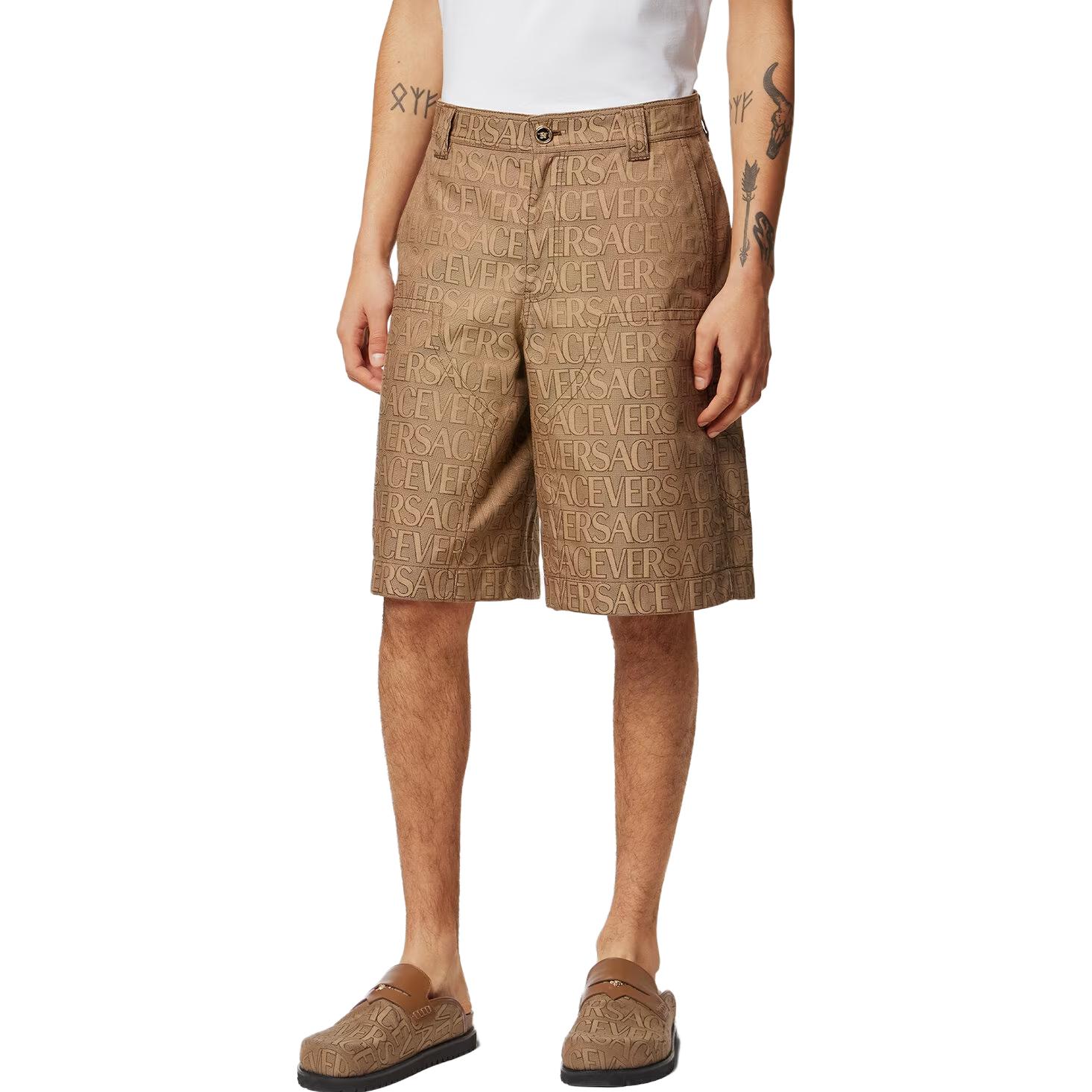 Shop VERSACE  Brown Letter Print Zipper Casual Shorts. 1009931-1A07649-2N740