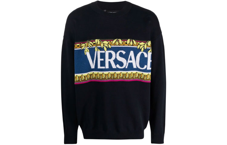 Versace  Crewneck Letter Print Pullover Sweater - Dark Blue 1001335-1A00980-NAVY