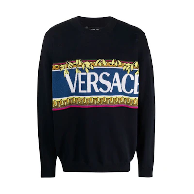 Versace Crewneck Letter Print Pullover Sweater - Dark Blue 1001335-1A00980-NAVY
