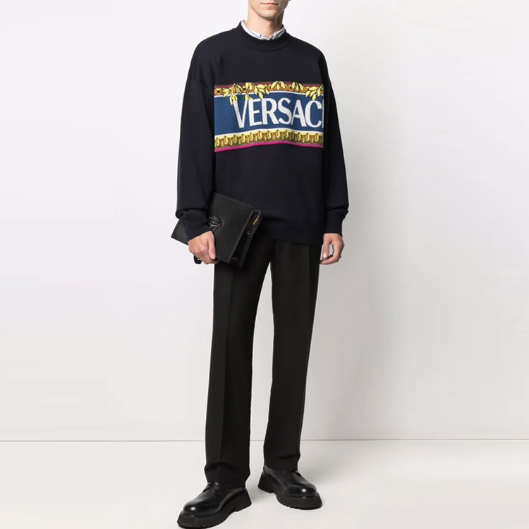 Versace  Crewneck Letter Print Pullover Sweater - Dark Blue 1001335-1A00980-NAVY 圖 3