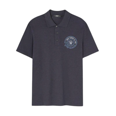 VERSACE Dark Gray Embroidered Letter Graphic Polo Shirt Short Sleeve 1013906-1A09797-1E880