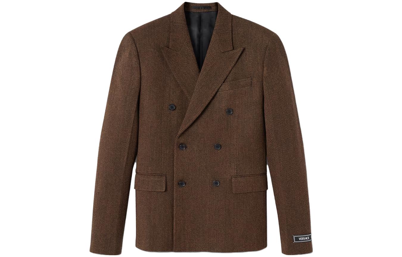 VERSACE  Double-Breasted Blazer with Logo Patch in Brown. 1012492-1A08899-2B730