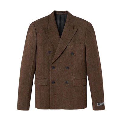 VERSACE Double-Breasted Blazer with Logo Patch in Brown. 1012492-1A08899-2B730