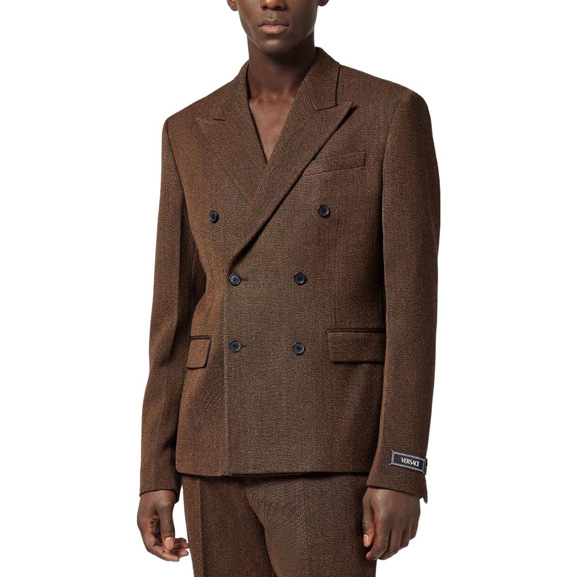 Shop 베르사체 로고 패치 브라운 더블브레스트 블레이저. 1012492-1A08899-2B730