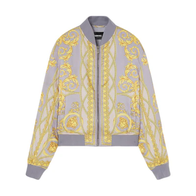 VERSACE Graphic Print Cotton Jacket with Baseball Collar - Gray 1016249-1A11388-5E350