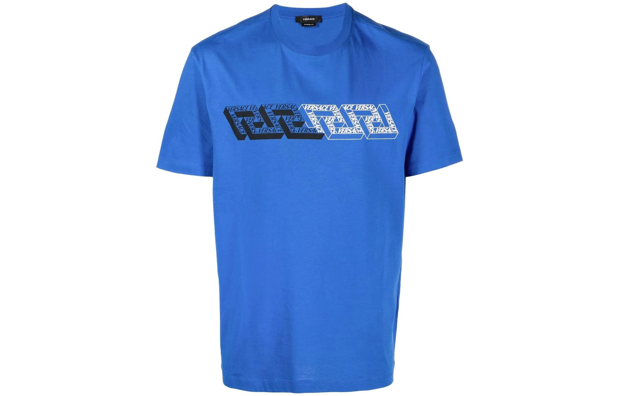 Order VERSACE  Greek Logo Print Short Sleeve T-Shirt - Blue 1006023-1A04119-1UC30