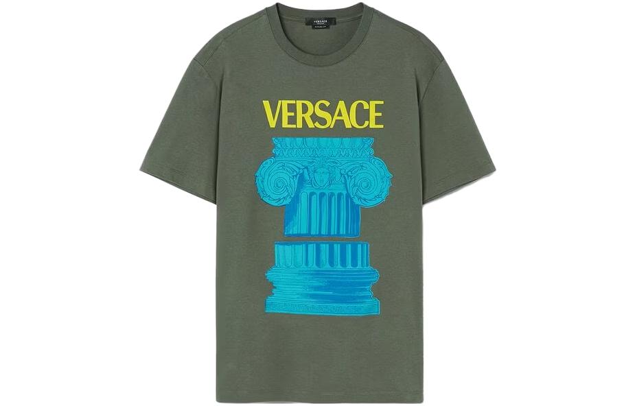 VERSACE  Green Crewneck Short Sleeve T-Shirt with Letter Print 1010229-1A07449-1GH80